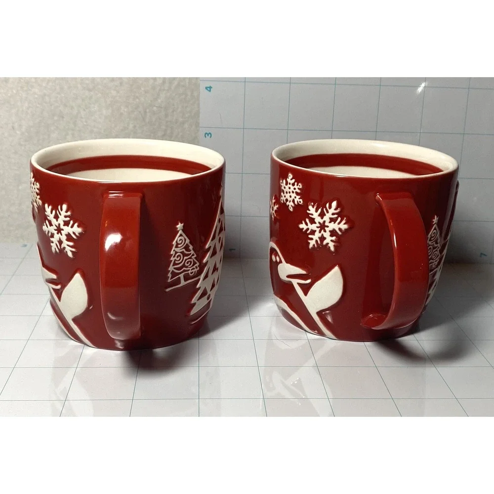 2 Starbucks Coffee Cups Mugs Penguin Tree 2007 Snow Winter Christmas Red White
